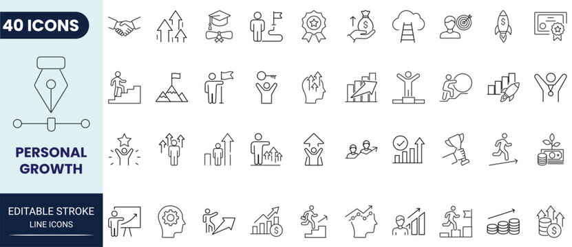 Personal growth icon set in outline style. Collection of personal growth, self development, motivation, success, and goal. Editable stroke. Vector icon collection.