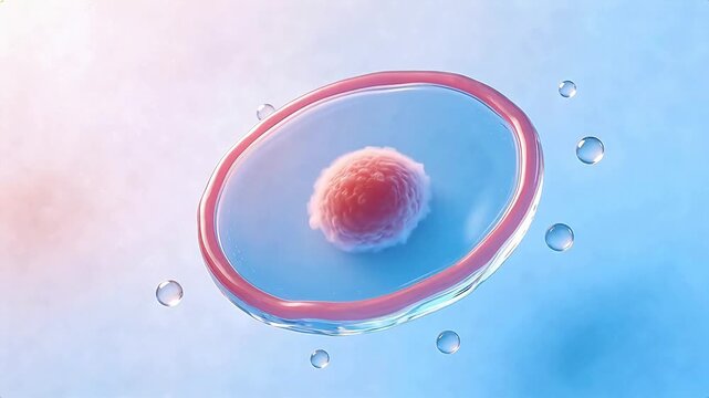 Cellular structure with nucleus and water droplets