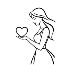 Logotipo con dibujo minimalista con líneas de una mujer de perfil con un corazón en la mano, para tarjetas y felicitaciones de San Valentín © teracreonte