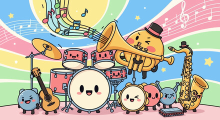 Naklejka premium Cartoon musical instruments and characters playing.