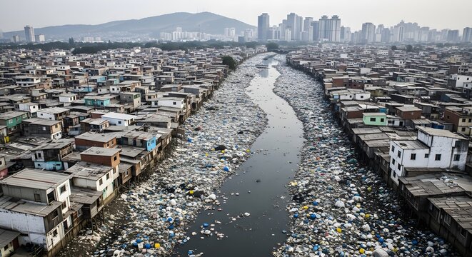 Polluted urban river running through a densely populated city with trash and debris, surrounded by residential buildings and skyscrapers in the background