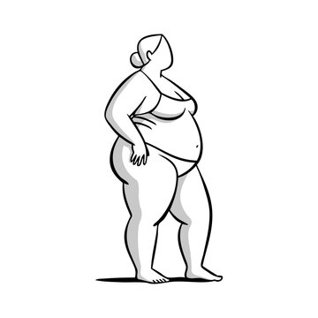 Logotipo con dibujo minimalista con l&iacute;neas de una mujer obesa con traje de ba&ntilde;o o ropa interior de pie de perfil, con la mano en la cadera 