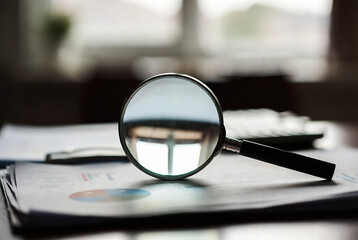 Fototapeta premium A magnifying glass is examining financial documents on a desk. It suggests an analysis or investigation of data. The setting appears to be an office environment.