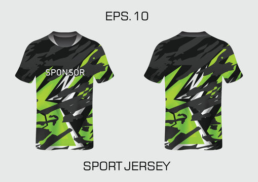 Sport jersey uniform template with abstract green and black camouflage design.