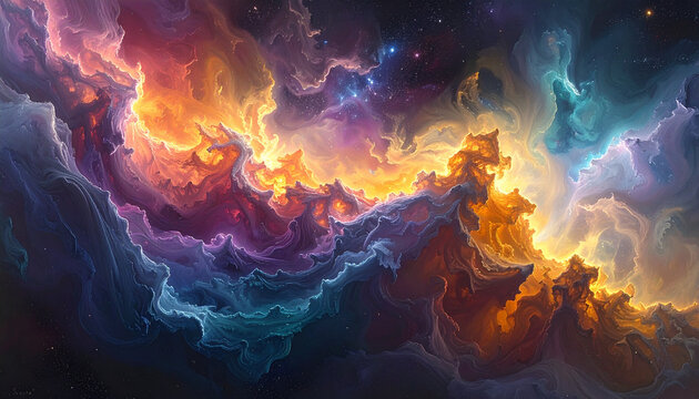Cosmic art depicts abstract glowing mist with refined palette in space