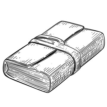 old book with leather strap vector line art hand drawn illustration
