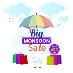 Naklejka premium Big Monsoon Sale Banner with Umbrella, Rain Clouds, and Shopping Bags