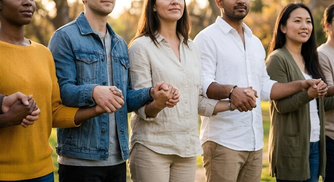 Diverse group of people holding hands, unity and connection, outdoor