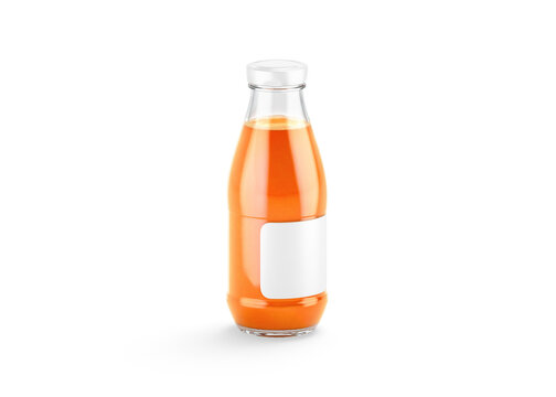 Blank transparent glass carrot juice bottle with white label mockup png, transparent background, 3d rendering. Empty squeezed carrots canned drink mock up cut out. Clear natural plant juicy template.