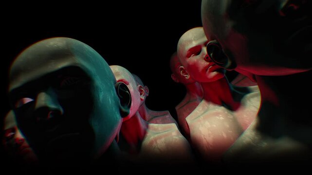 A dark looping background of endless rows of hollow mannequin style humanoid clones.