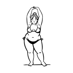 Logotipo con dibujo minimalista con líneas de una mujer obesa con traje de baño o ropa interior de pie de frente, con las manos unidas por encima de la cabeza  © teracreonte