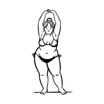 Logotipo con dibujo minimalista con l&iacute;neas de una mujer obesa con traje de ba&ntilde;o o ropa interior de pie de frente, con las manos unidas por encima de la cabeza 