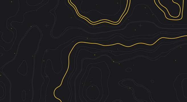 Dark gold topographic map pattern - minimalist contour lines, subtle dust particles, elegant mood - background for premium packaging, travel banner - digital illustration, vector style texture