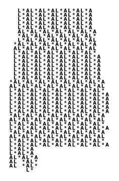 Typographic Map of the State Alabama (USA) with a pattern of capital letters that only show the postal code of the state