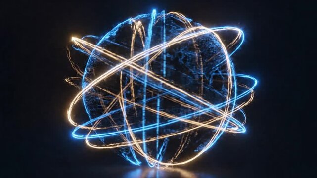 Abstract glowing sphere with orbiting rings representing science, technology, and complex systems