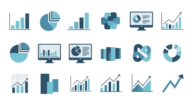 Collection of business data analytics icons representing growth statistics and reporting in teal and gray