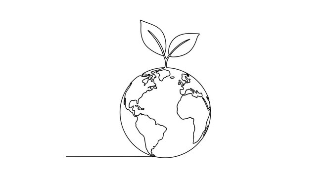 Single line drawing of earth with sprouting leaves, symbolizing growth and environmental protection.