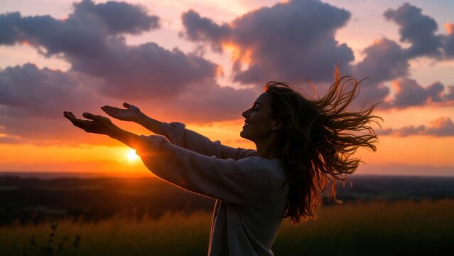 Woman silhouette with open arms at vibrant sunset over grassy field for background wallpaper banner and peaceful freedom scene for design