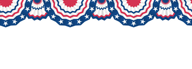 Naklejka premium Paper fans and stars in American colors seamless border. Half Circle bunting garlands red, white, and blue.patriotic decoration. July 4, independence day. for design poster, brochure, banner, website.