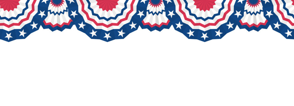 Paper fans and stars in American colors seamless border. Half Circle bunting garlands red, white, and blue.patriotic decoration. July 4, independence day. for design poster, brochure, banner, website.