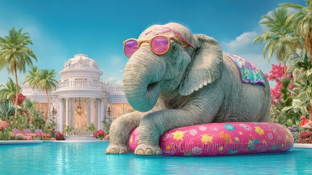 Elephant enjoying luxury pool float, sunglasses, tropical mansion background, vivid colors, 8k 