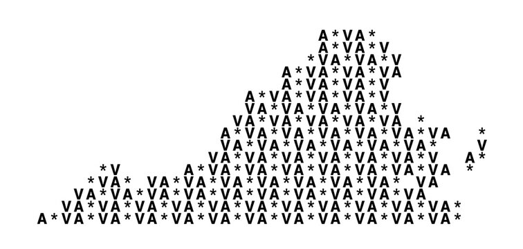 Typographic Map of the State Virginia (USA) with a pattern of capital letters that only show the postal code of the state