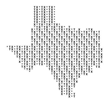 Typographic Map of the State Texas (USA) with a pattern of capital letters that only show the postal code of the state