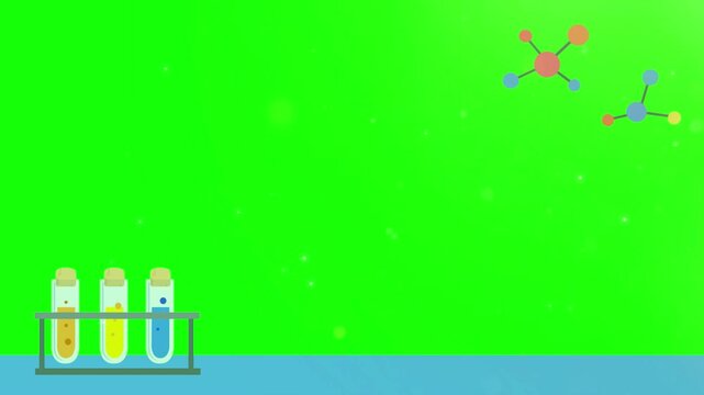 A video showcasing colorful test tubes on a green background with molecular structures floating in the air
