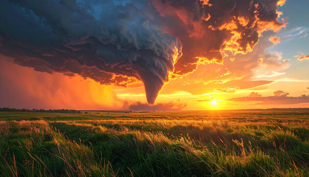 A tornado approaches under a glowing sunset sky with a lush grassland foreground.