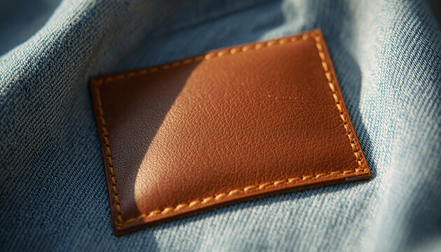 A brown leather patch with contrasting orange stitching is shown on a background of light blue denim fabric.