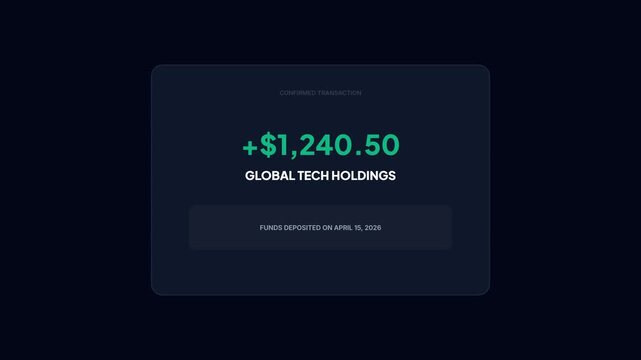 Dark mode financial dashboard animation displaying confirmed dividend transaction and investment fund deposit