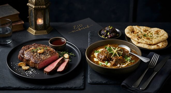 Elegant Eid Night Dinner Spread with Grilled Steak, Traditional Curry and Naan