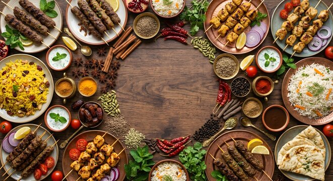 Creative Round Food Border with Assorted Kebabs, Rice and Spices on Rustic Wood