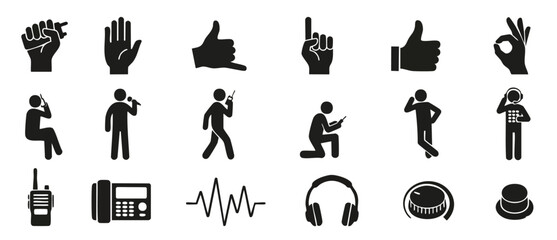 Obraz premium Communication Icons Set: Hand Gestures, People Talking, Radio, Headset and Audio Symbols for UI Design. Vector illustration featuring body language, call center equipment, and sound wave control butto