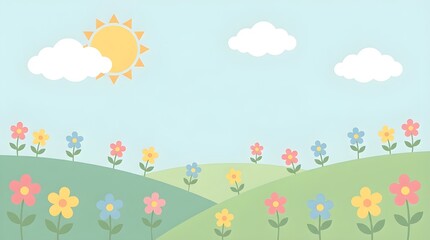 Naklejka premium Spring meadow landscape with colorful flowers and bright sun background