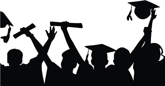 Graduating students silhouette group cheering with academic caps and diplomas, happy graduates celebrating successful education completion isolated on white background, university commencement ceremon