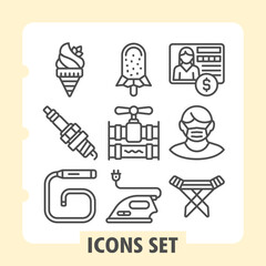 Fototapeta premium Ice cream, spark plug, led lamp cord icons, collection illustrating concepts such as household, health and industry. Set of nine line icons on white background.