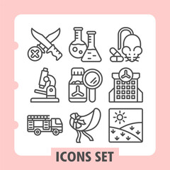 Fototapeta premium Crossed knifes, microscope, firefighter truck icons, collection illustrating concepts such as safety, science, health, public service and nature. Set of nine line icons on white background.
