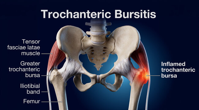 Trochanteric Bursitis. Inflamed Hip Bursa Anatomy Diagram with Iliotibial Band and Femur. Labeled