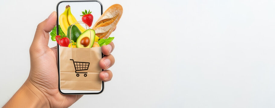 Hand holding smartphone with grocery bag and fresh food emerging from screen, online shopping and food delivery service