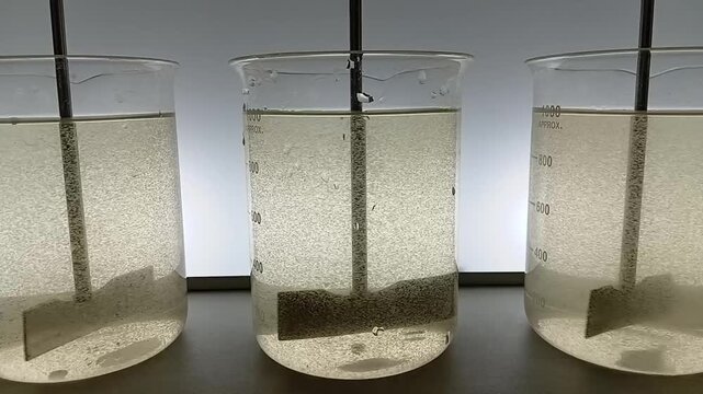 Jar Test Sequence: Medium View of Mid Flocculation Process at 40 RPM in Three Glass Beakers