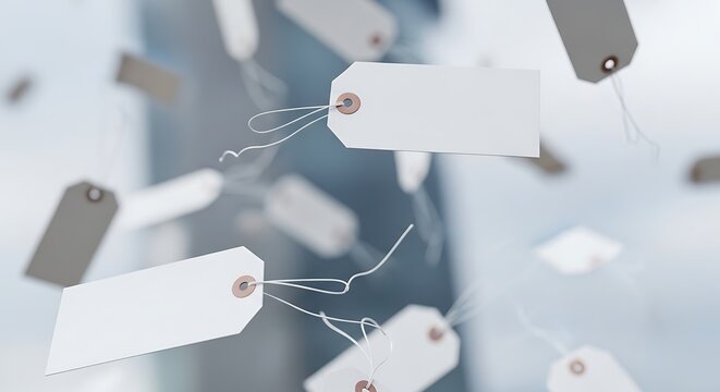 Paper tags with strings floating in air against blurred cityscape