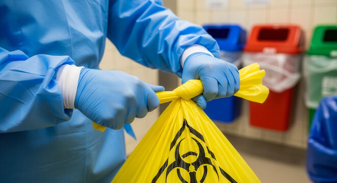 Caucasian medical worker tying knot on biohazard waste bag in hospital utility room, regulated disposal and health safety