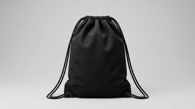 Black drawstring bag on gray background