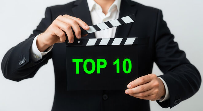 Caucasian male holding clapperboard with "TOP 10" text in studio, ranking announcement and media presentation