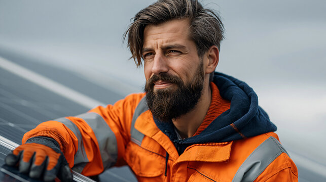 Renewable Energy Worker A determined worker, clad in an orange safety suit, gazes thoughtfully at a solar panel. He embodies the future of sustainable energy. 