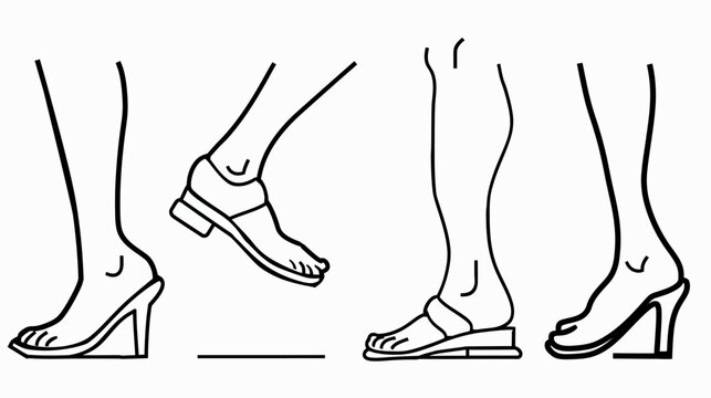 Line art shows legs and feet in shoes and sandals, in various stances