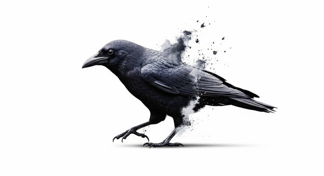 Black crow bird dissolving into particles on white background.