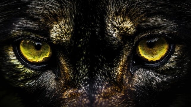 A close-up view of a wolf's face and eyes, with piercing yellow irises and dark fur
