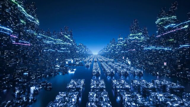 A breathtaking futuristic cityscape panorama viewed down a deep perspective pathway of blue neon architecture and advanced technology.